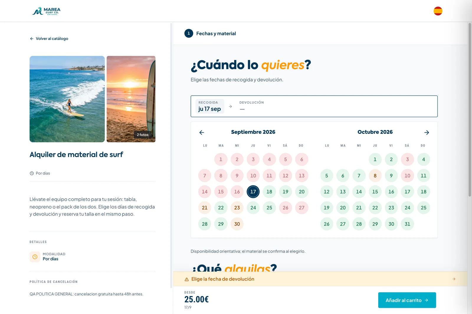 Calendario de alquiler con disponibilidad por colores