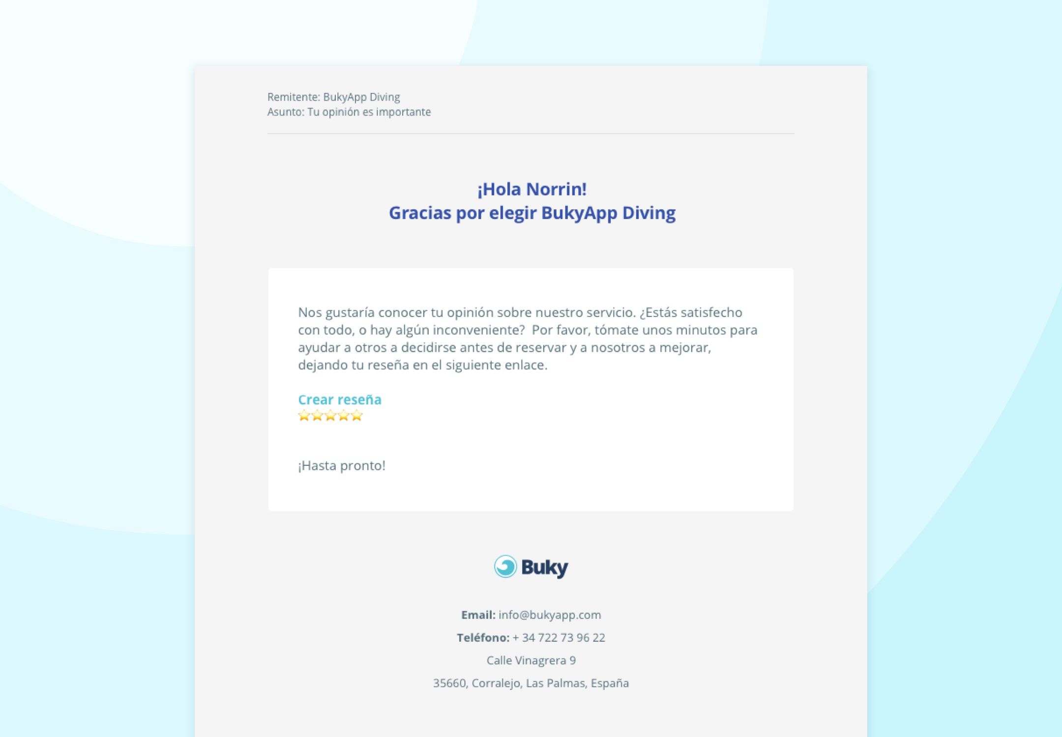 BukyApp ejemplo de email de solicitud de reviews@1x